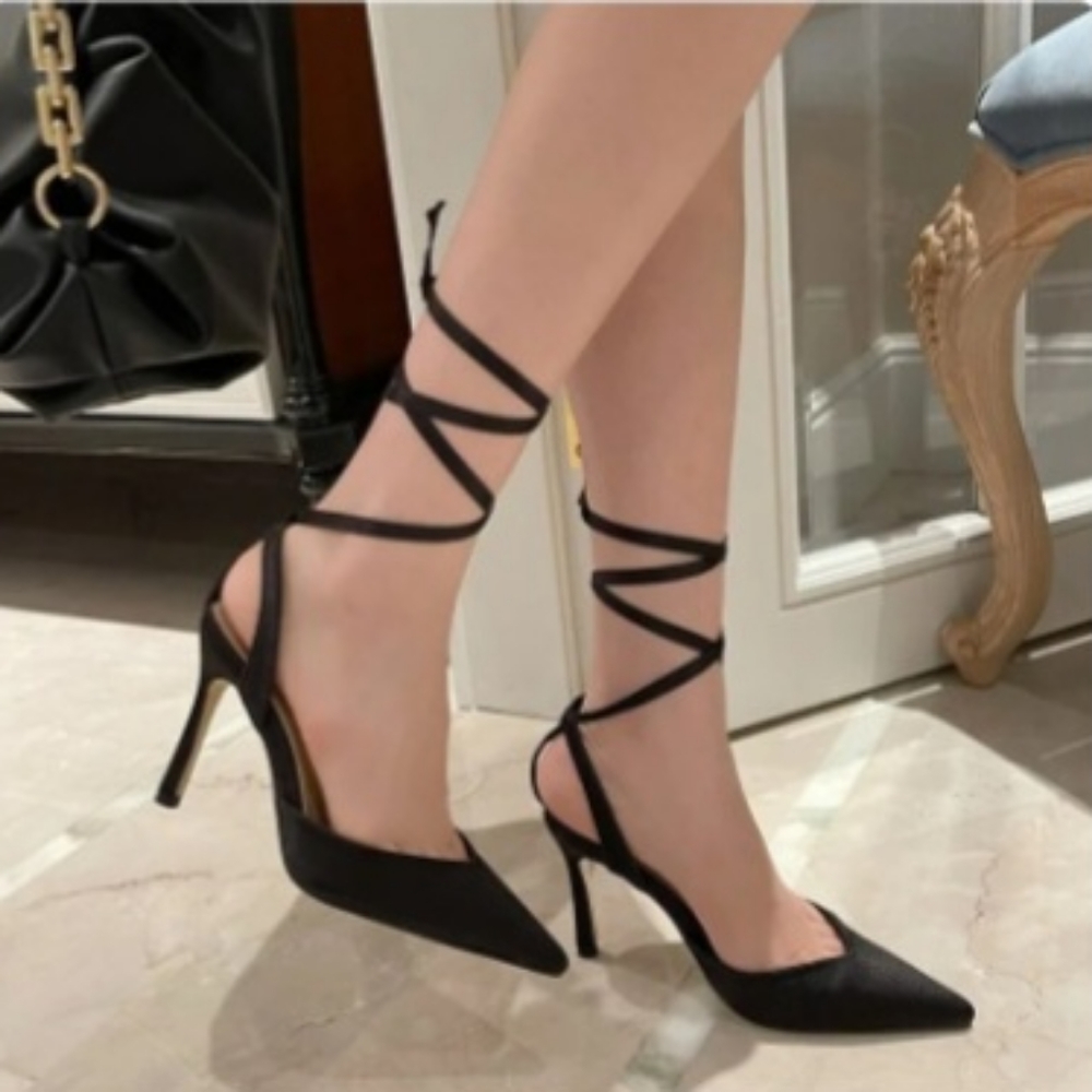 Black Party Shoes for Women with pointed toe and lace-up open heel